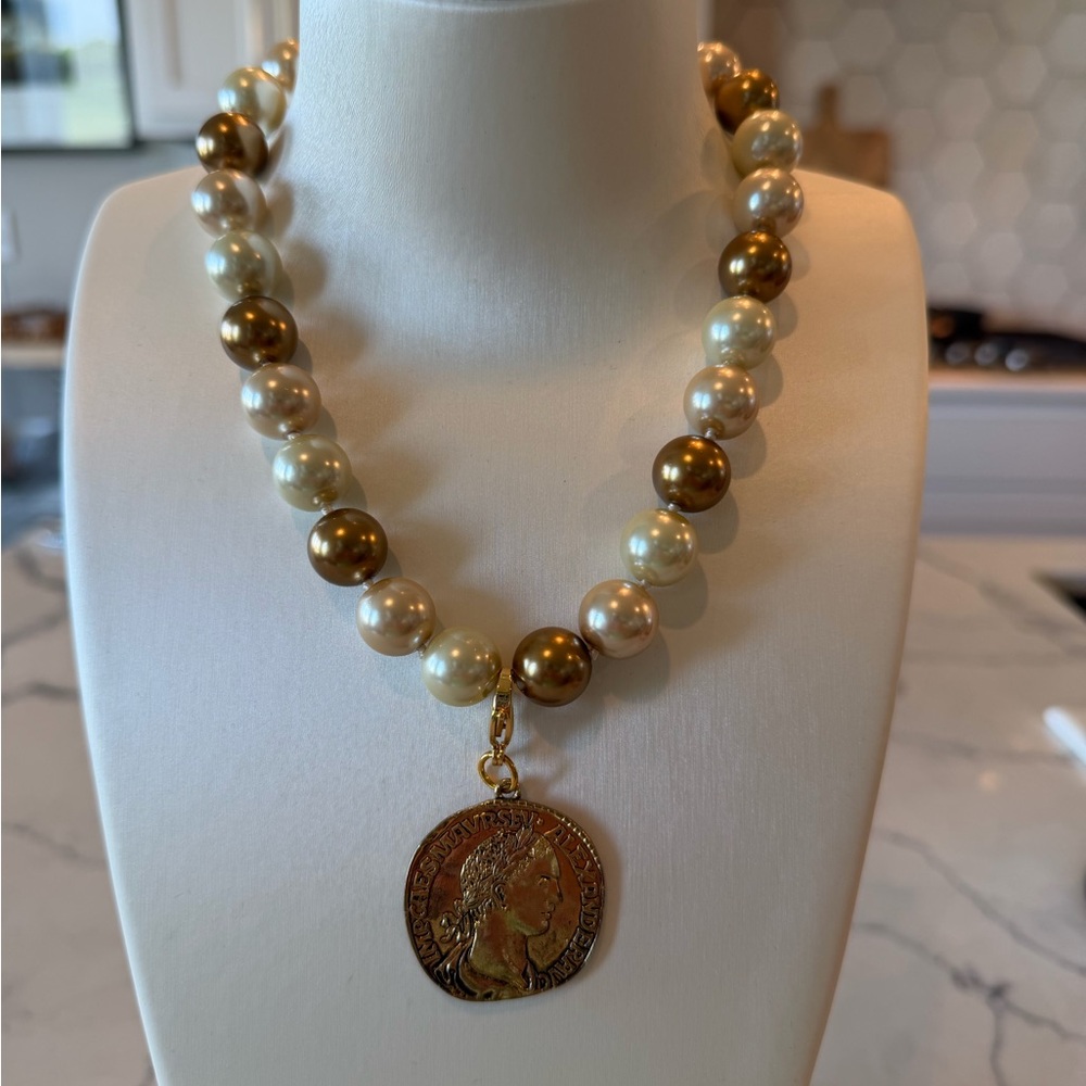 Champagne Tone Pearls with Removable Roman Coin Charm